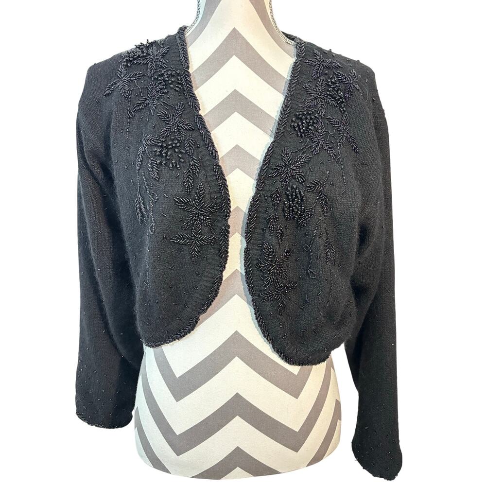 Vintage Black Beaded Bolero Cardigan Sweater Large Silk & Angora Blend